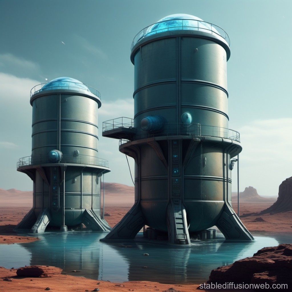 Futuristic Water Storage Towers on a Desert Planet