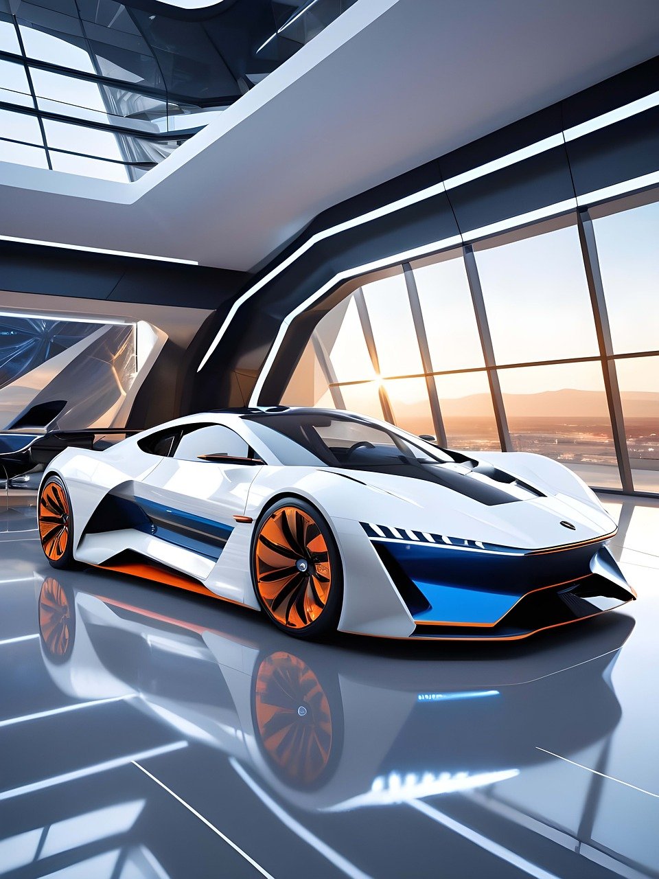 Futuristic White and Orange Sports Car in Modern Showroom
