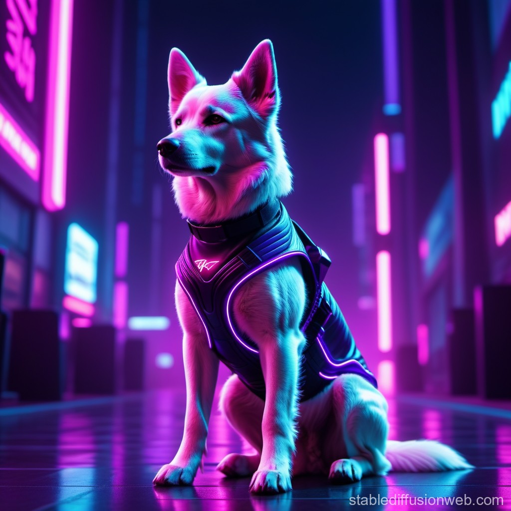 Futuristic White Dog in Neon Cyberpunk City