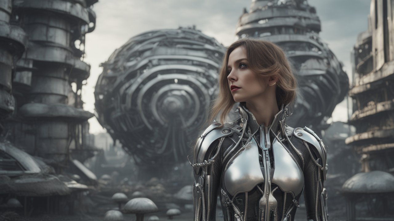 Futuristic Woman in Metallic Armor Amid Sci-Fi Ruins