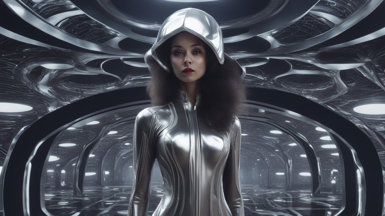 Futuristic Woman in Metallic Suit in Sci-Fi Environment