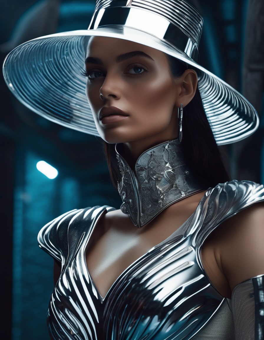 Futuristic Woman in Reflective Metallic Outfit and Hat
