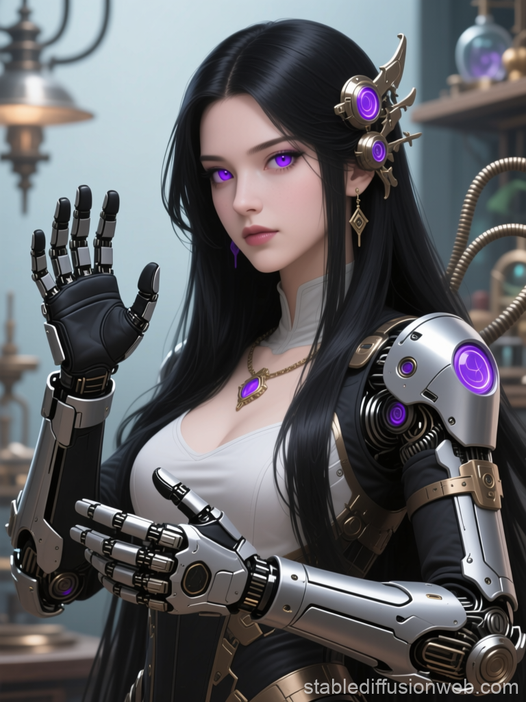 Futuristic Woman Inventor with Cybernetic Arms and Purple Accents
