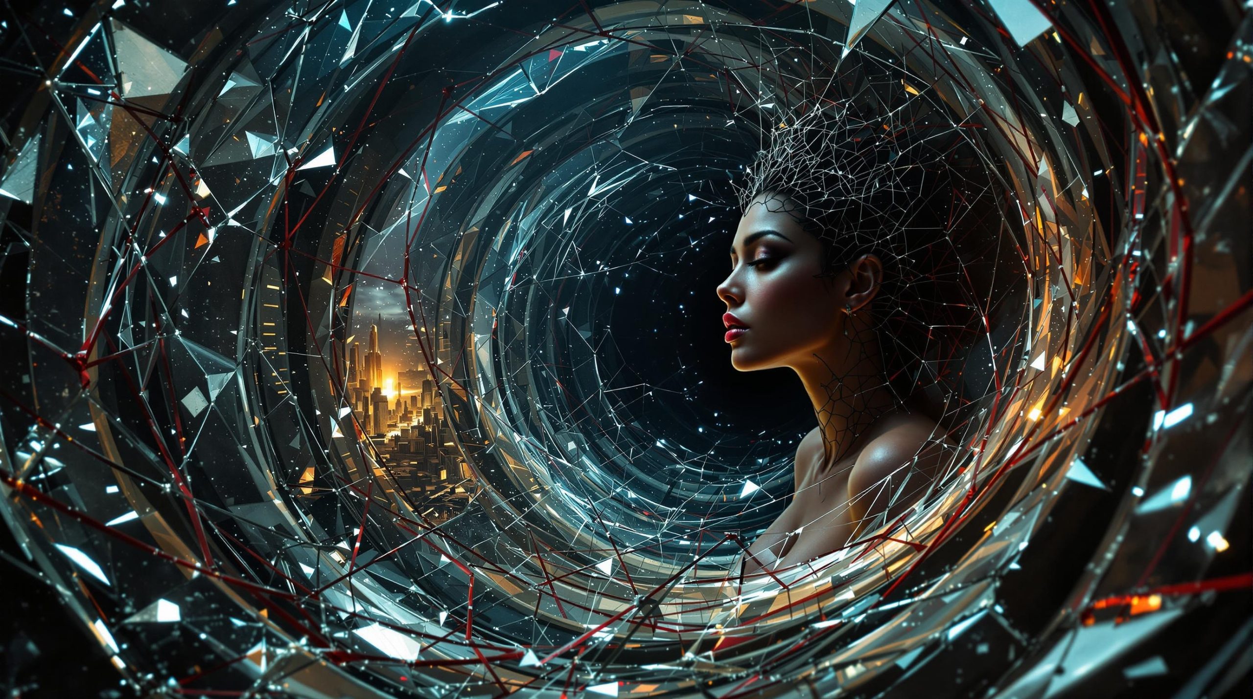 Futuristic Woman Surrounded by Digital Fractal Tunnel