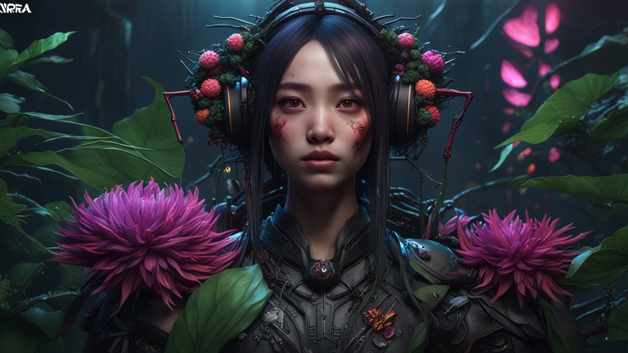 Futuristic Woman with Floral Headset in a Mystical Forest