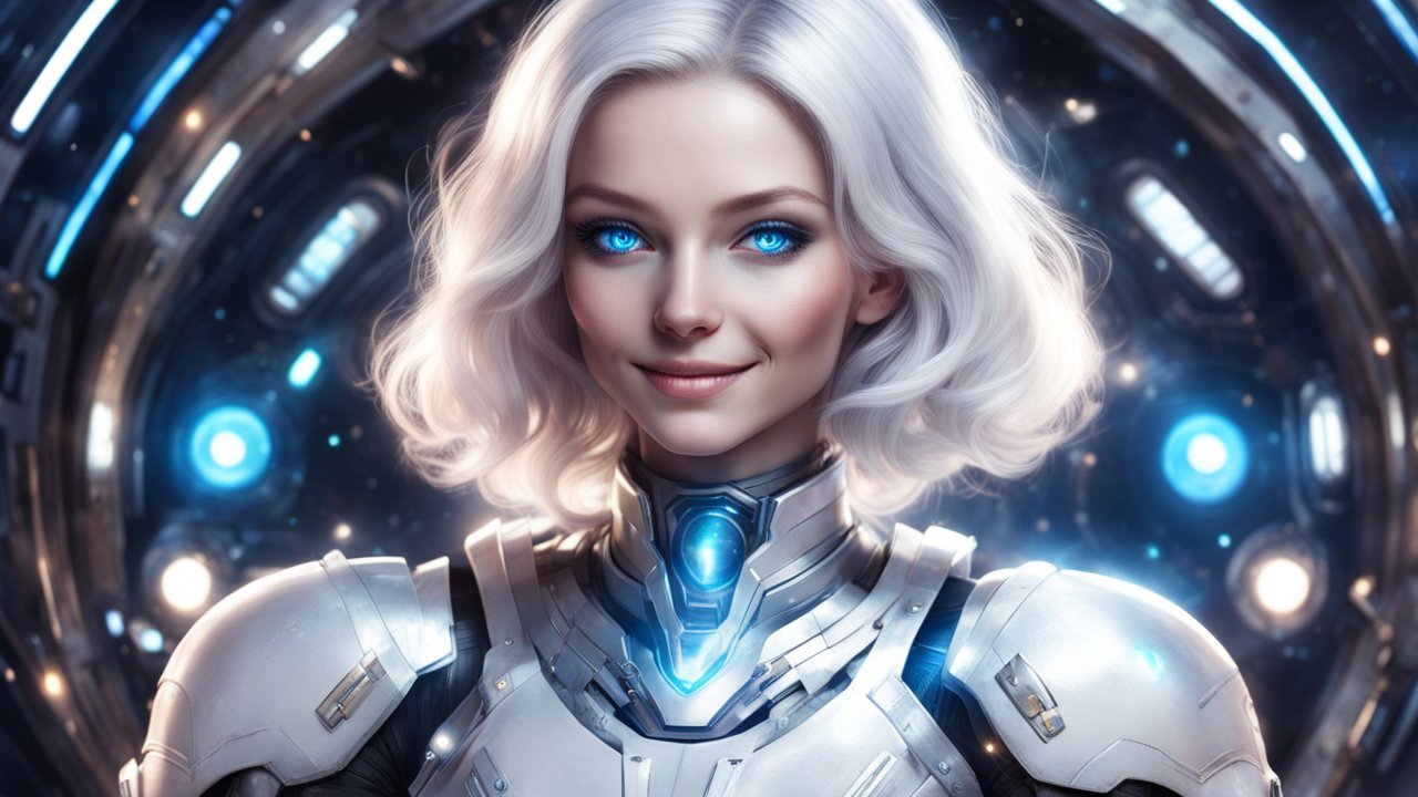 Futuristic Woman with Glowing Blue Eyes in Advanced Armor