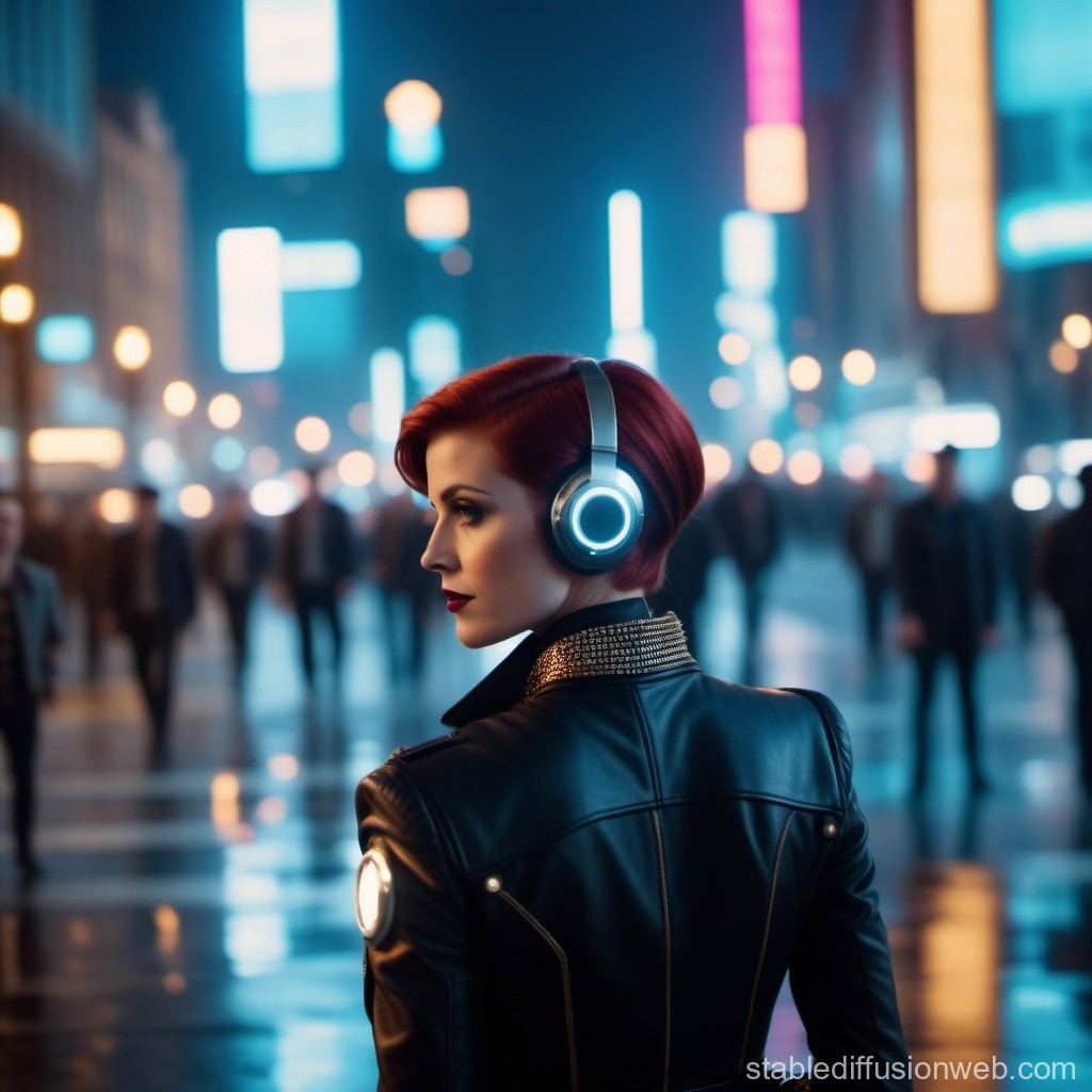 Futuristic Woman with Neon Headphones in Cyberpunk City