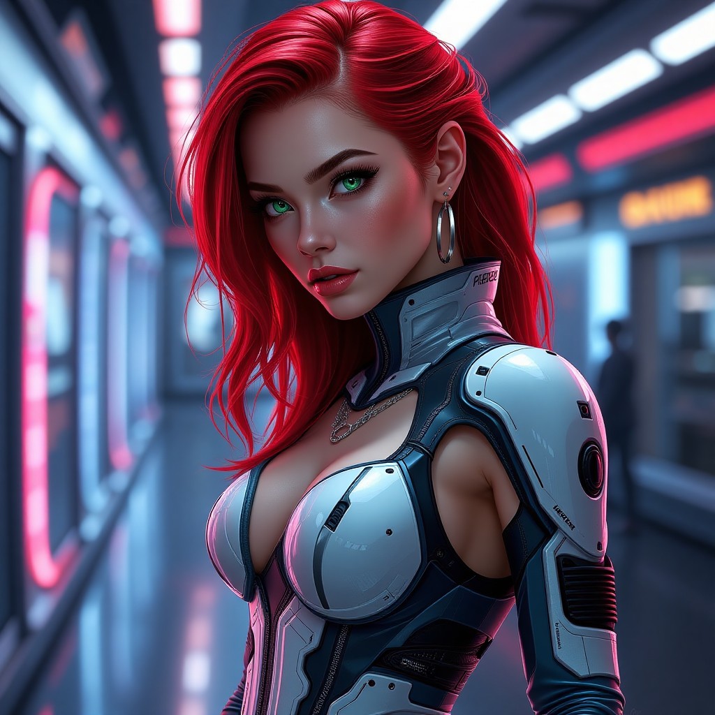 Futuristic Woman with Red Hair in Cybernetic Armor