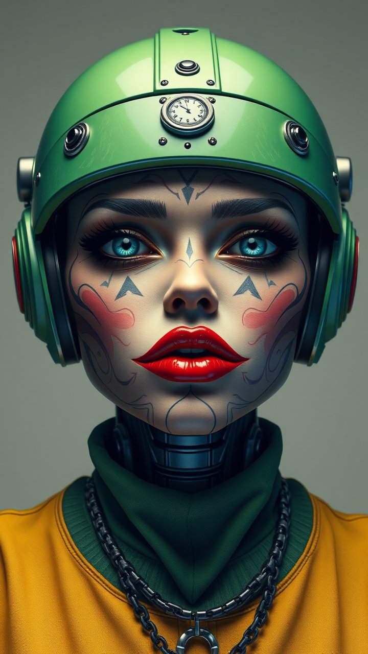 Futuristic Woman with Tattoos and Green Helmet