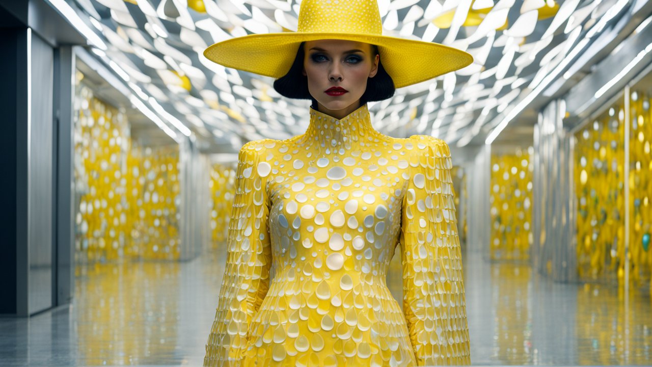Futuristic Yellow Dress with Geometric Patterns in Modern Hallway