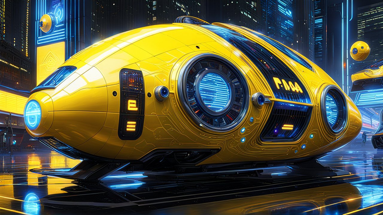 Futuristic Yellow Pod in Neon Cityscape