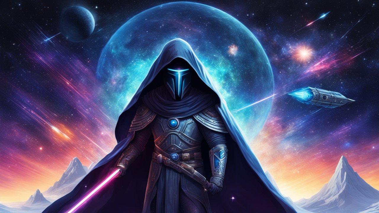 Galactic Warrior with Hood and Lightsaber in Cosmic Battle