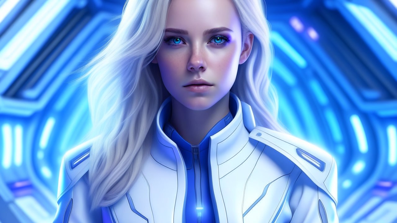 Galactic Woman with Piercing Blue Eyes in Futuristic Suit