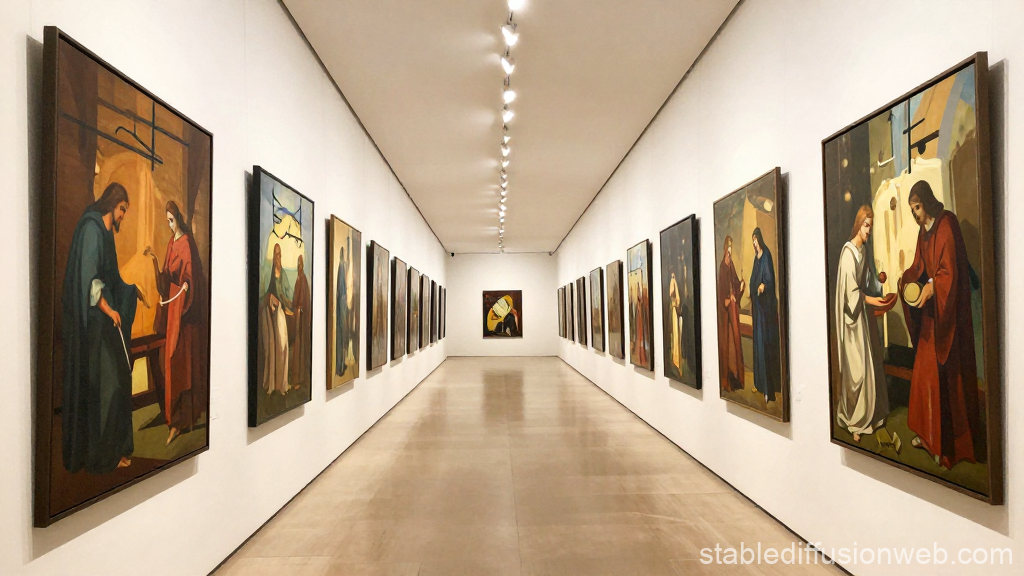 Gallery Display of Biblical-Themed Paintings in Museum