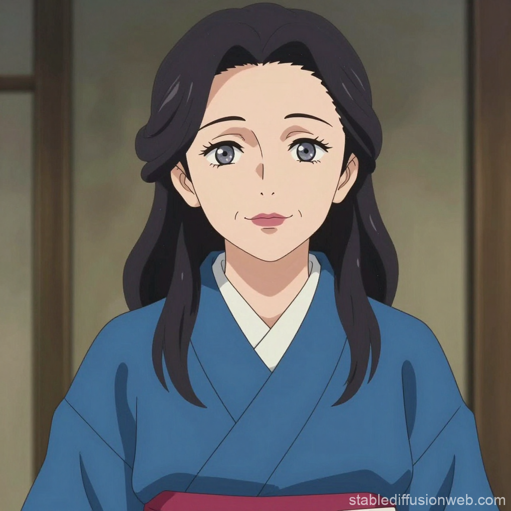 Gentle Elderly Woman in Traditional Blue Kimono