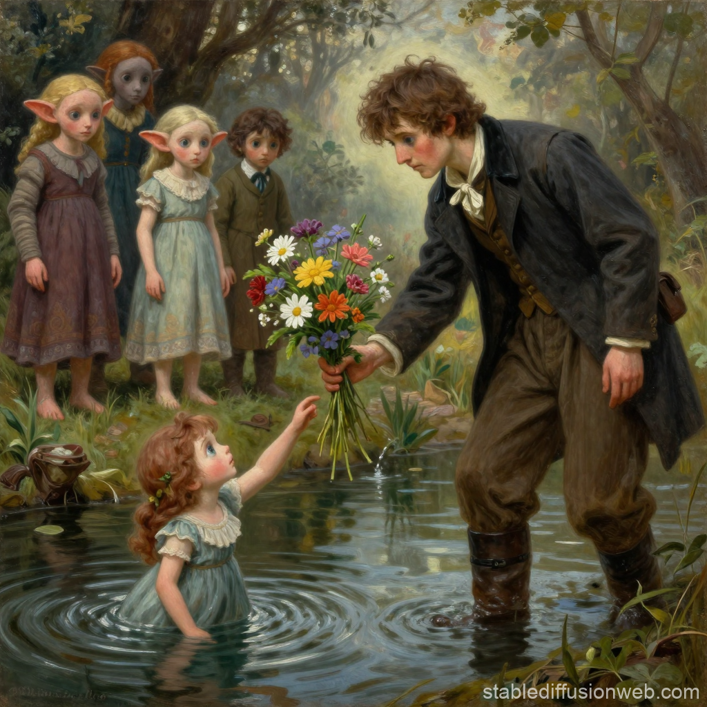 Gentleman Offering Flowers to a Girl in a Magical Forest