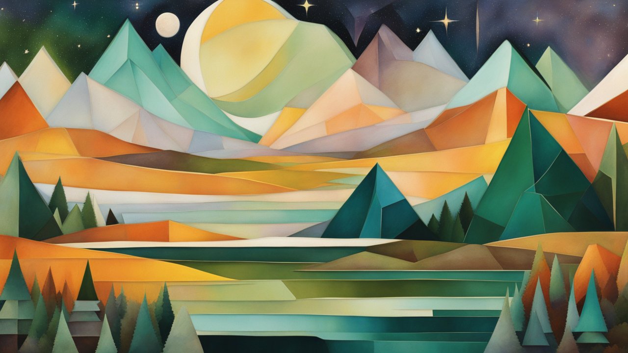 Geometric Abstract Landscape with Moon and Stars