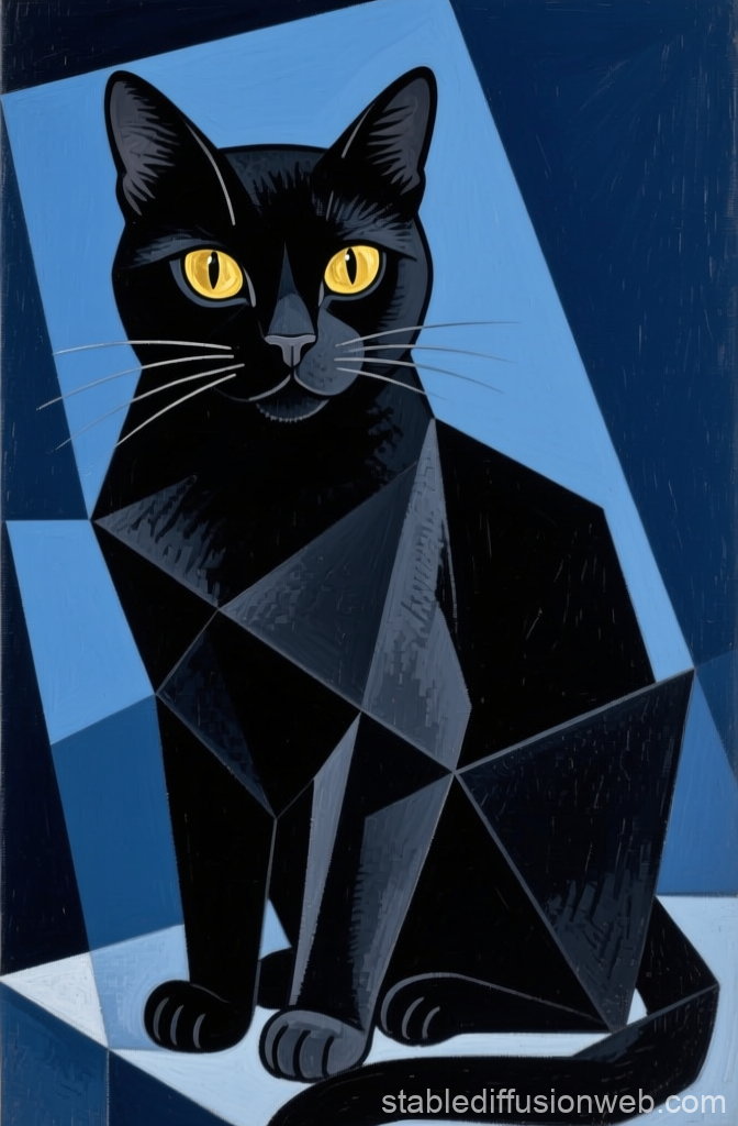 Geometric Black Bombay Cat with Yellow Eyes