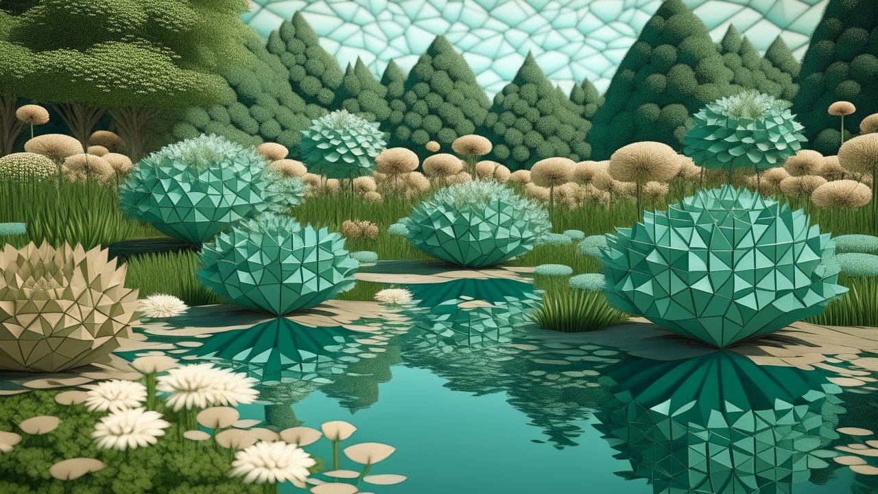 Geometric Flora in a Serene Pond Landscape