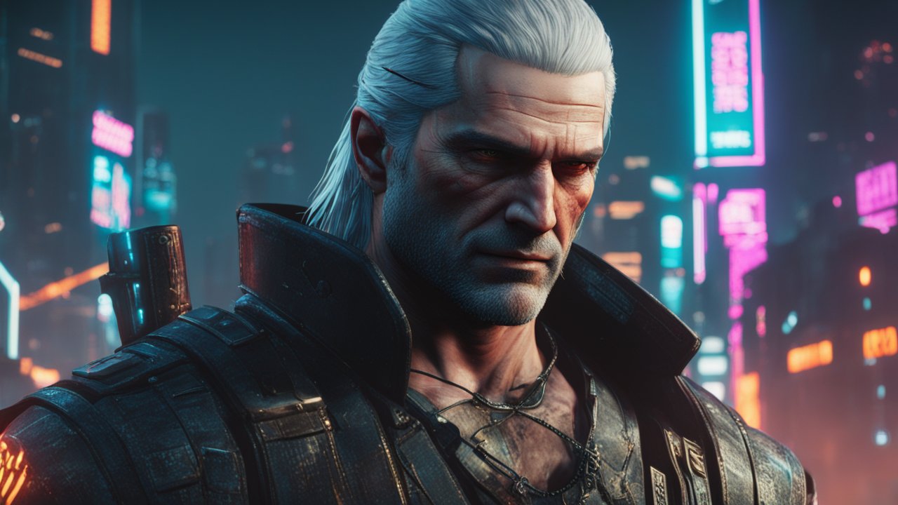 Geralt of Rivia in Cyberpunk Cityscape
