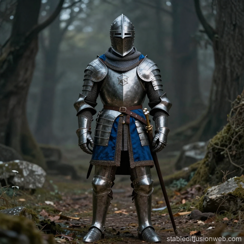 Germanic Knight in Full Armor Standing in Forest