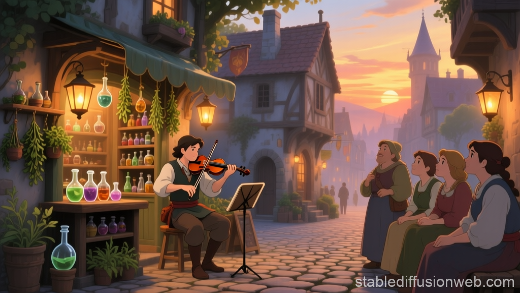 Ghibli-Style Fantasy Town Evening with Violinist
