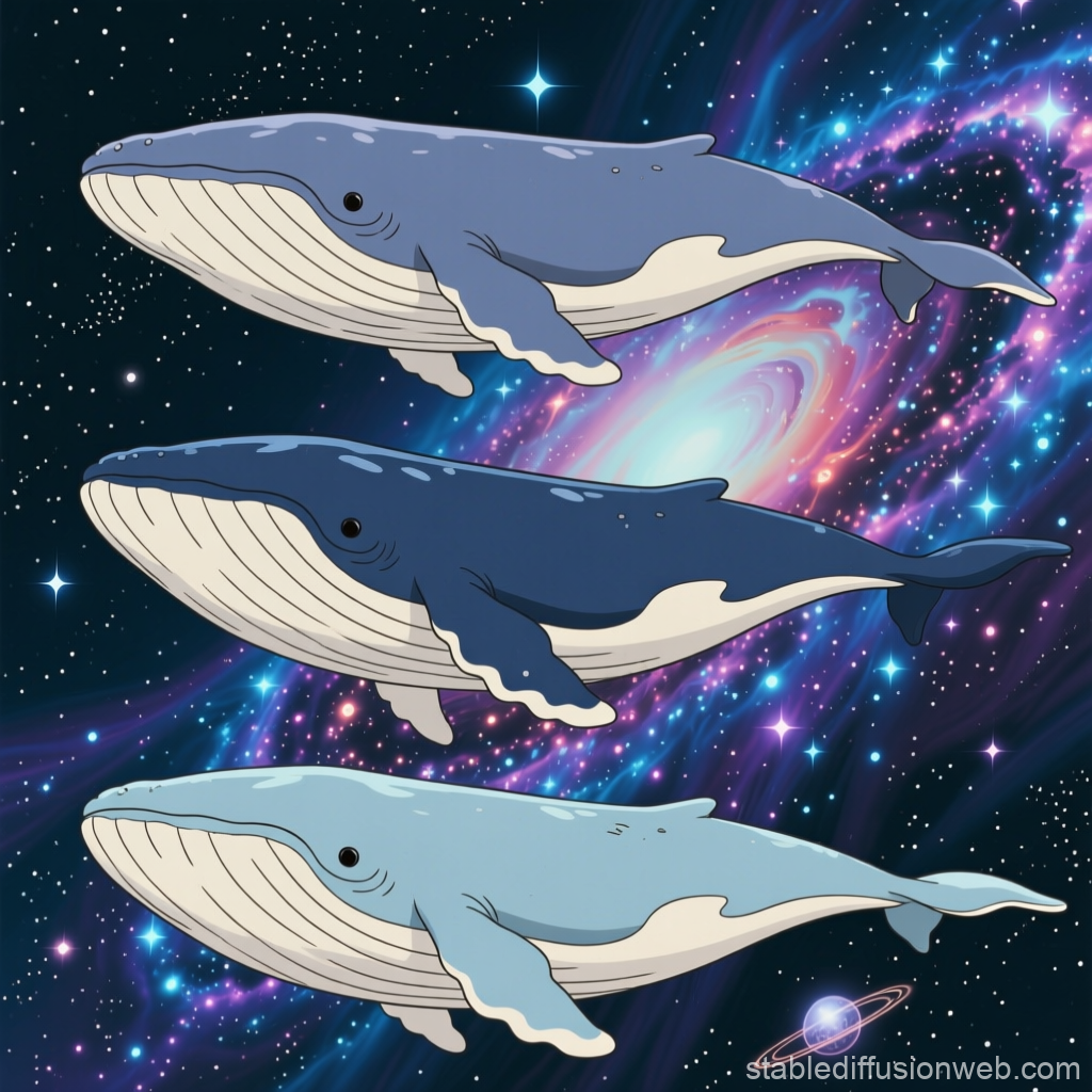 Ghibli-Style Whales Swimming Through Space