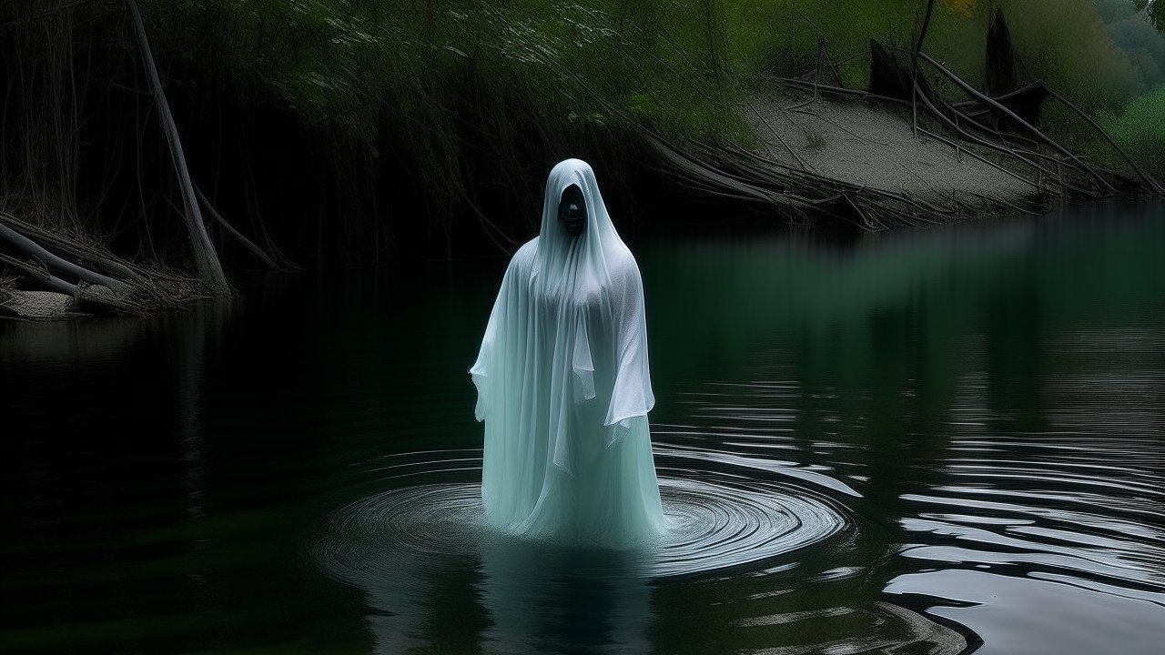Ghostly Figure Emerging from Dark Lake