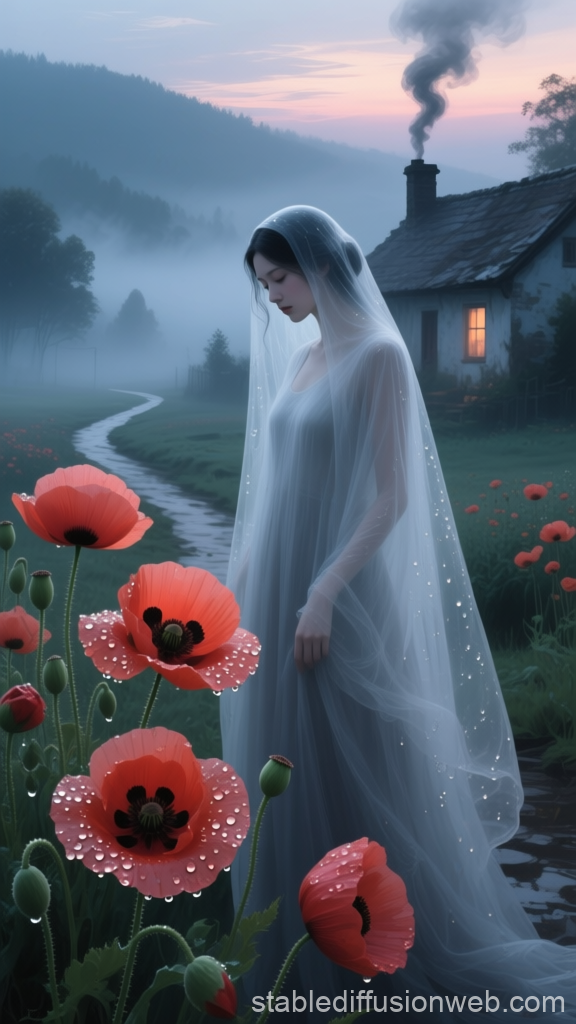 Ghostly Woman in Misty Countryside with Dewy Poppies