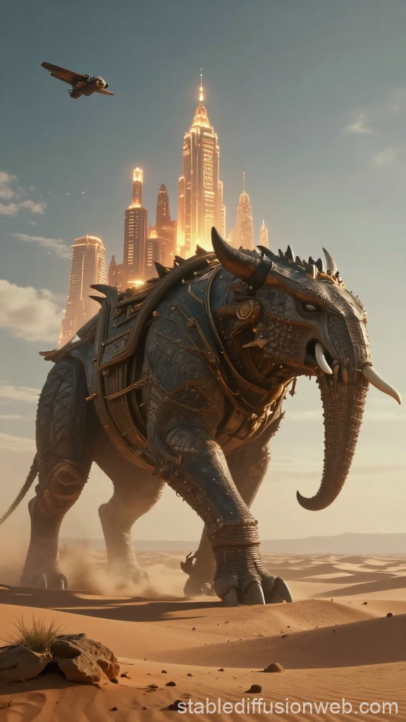 Giant Armored Elephant Creature in Futuristic Desert City