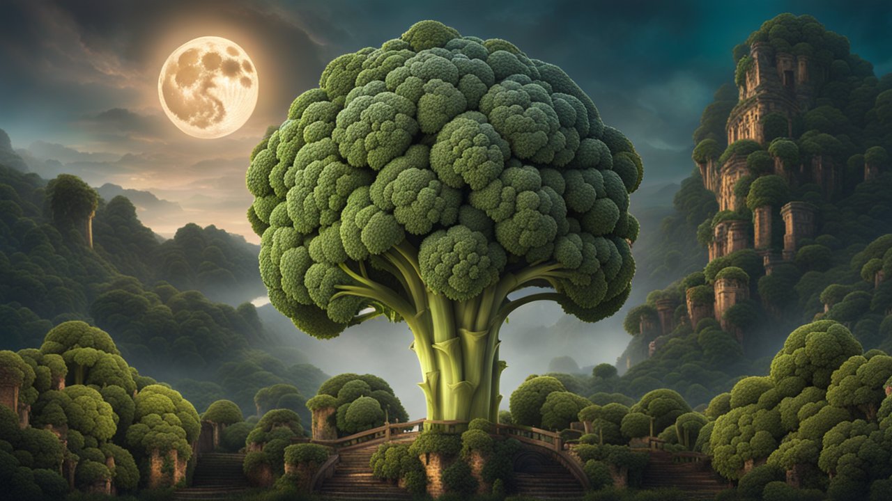 Giant Broccoli Tree in Mystical Landscape Under Full Moon