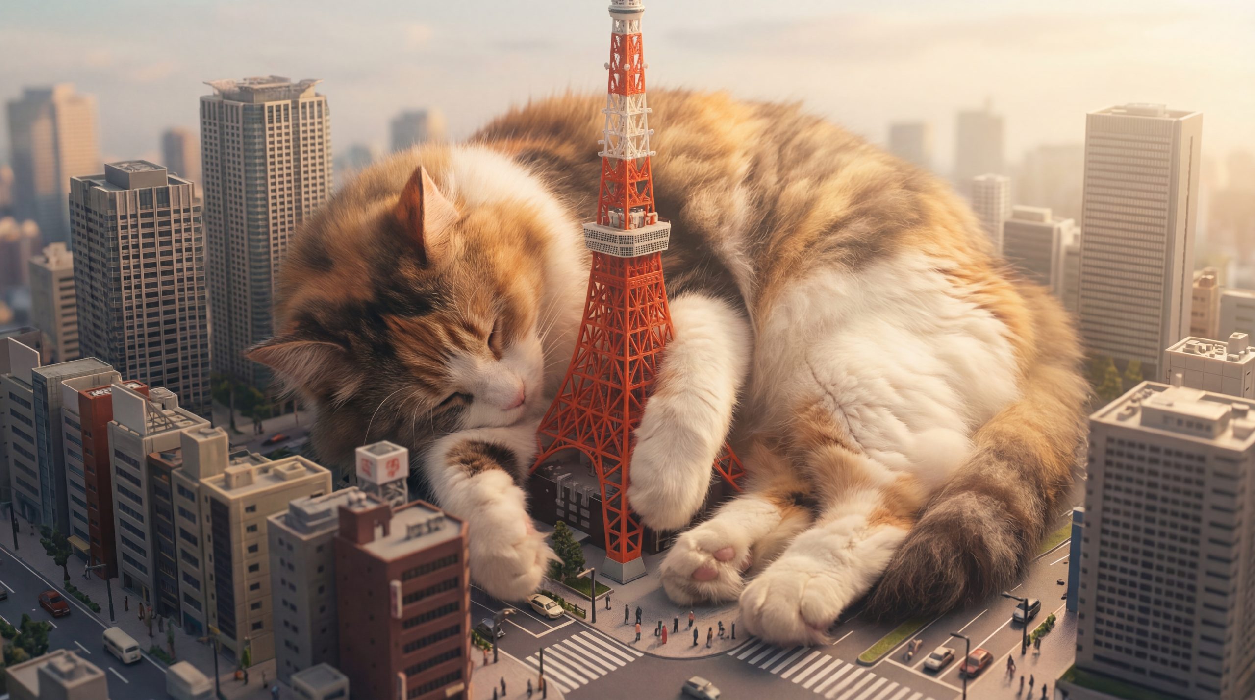 Giant Cat Sleeping Among Tokyo Skyscrapers