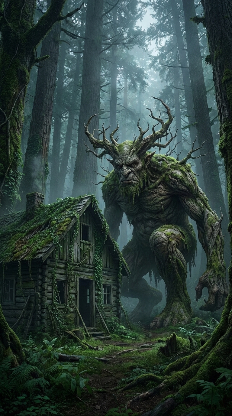 Giant Forest Guardian Creature Beside Mossy Cabin