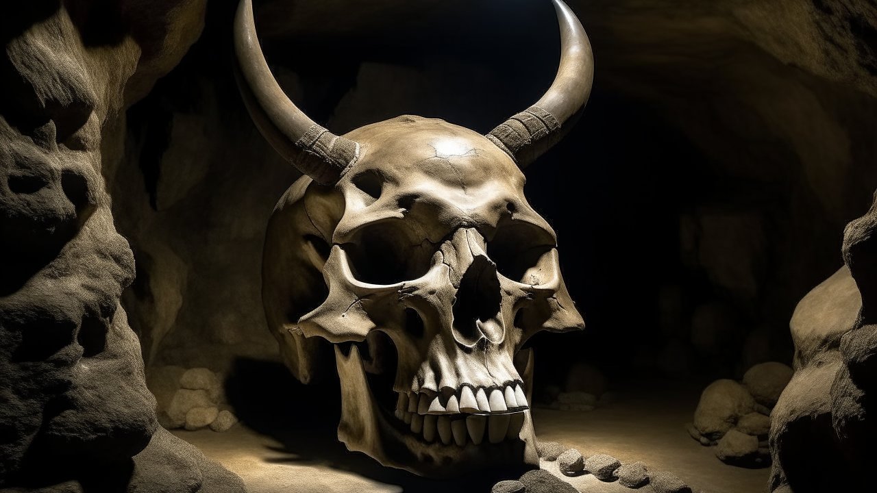 Giant Horned Skull in a Dark Cave