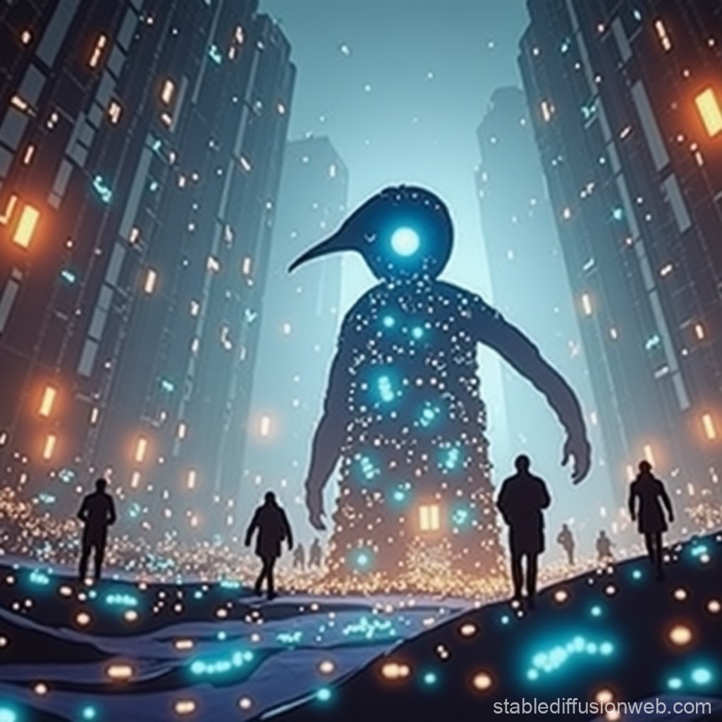 Giant Luminous Bird Figure in Futuristic Cityscape