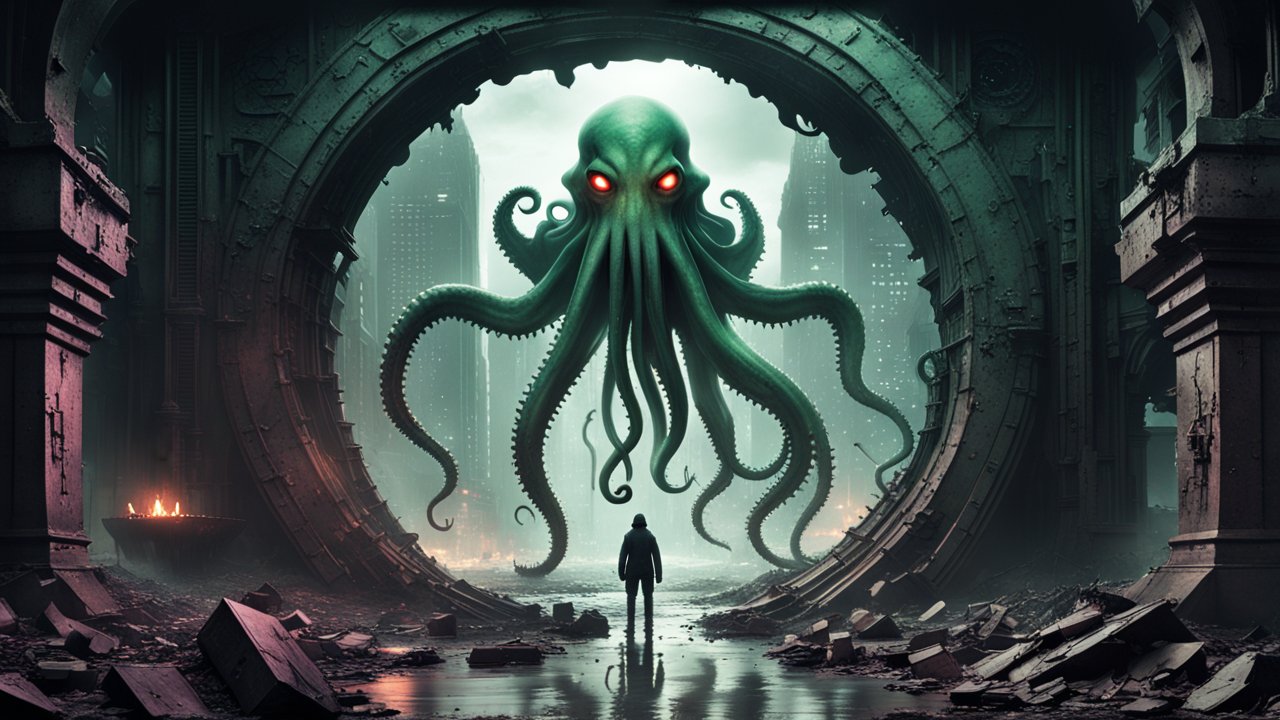 Giant Octopus Creature Facing Lone Figure in Ruined Cityscape