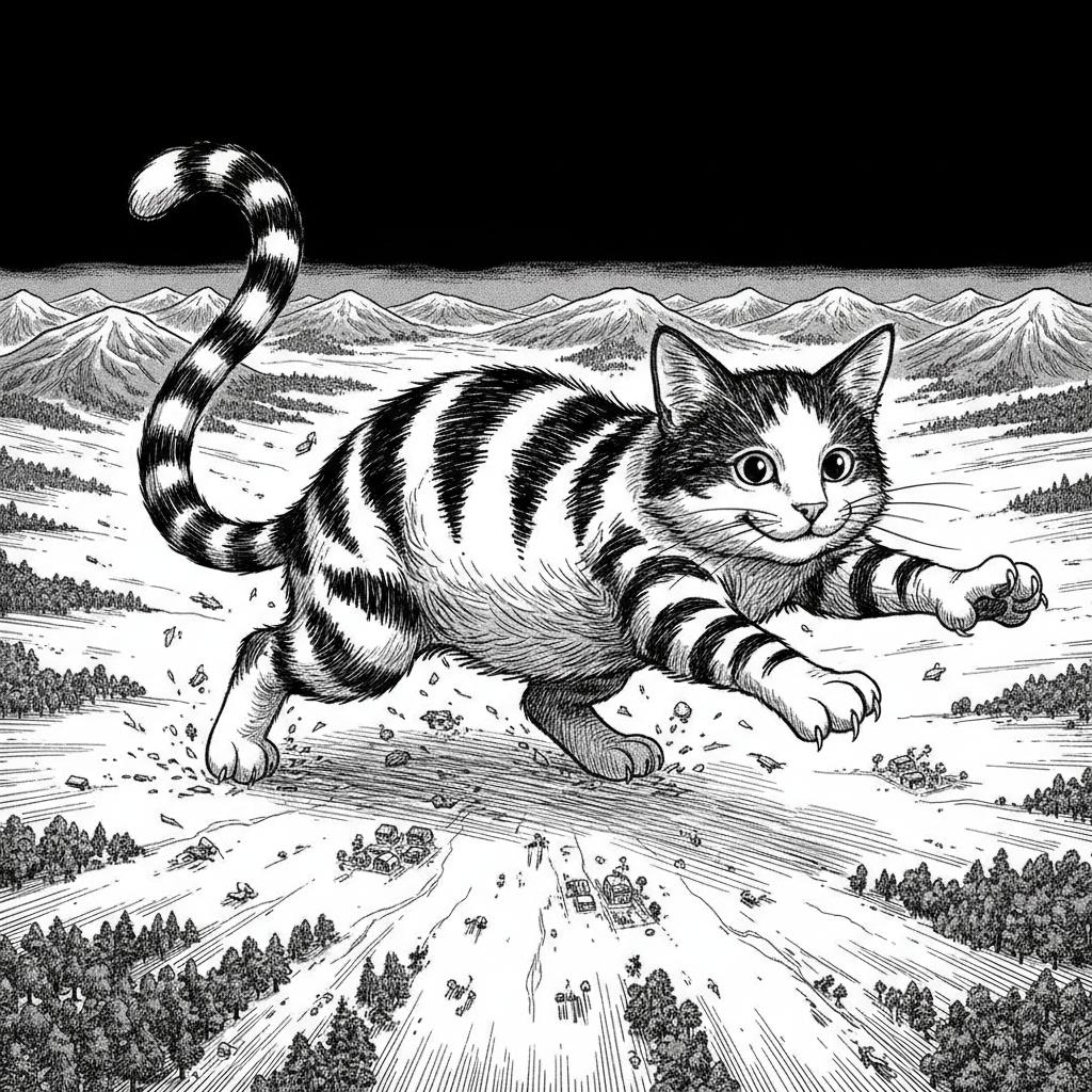 Giant Playful Cat Leaping Over a Detailed Landscape