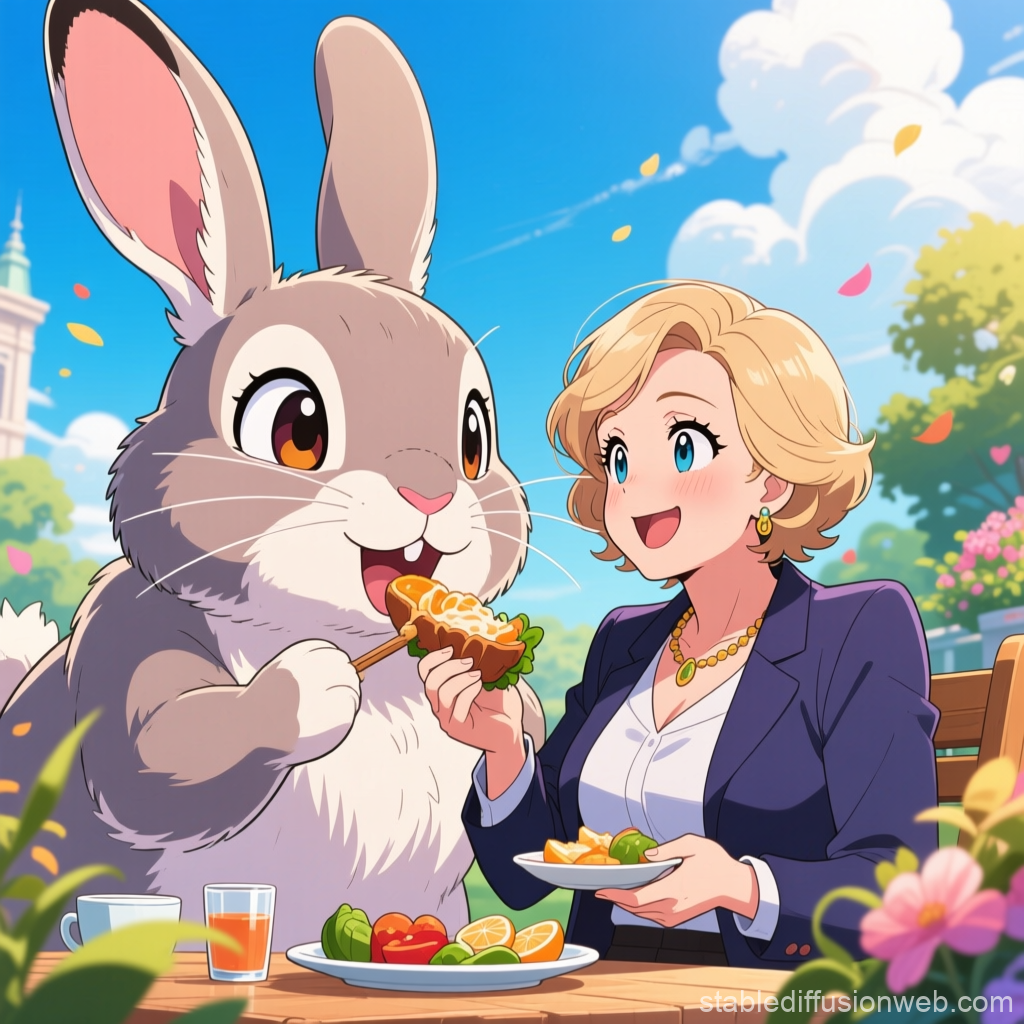 Giant Rabbit Sharing a Meal with Woman in Anime Style