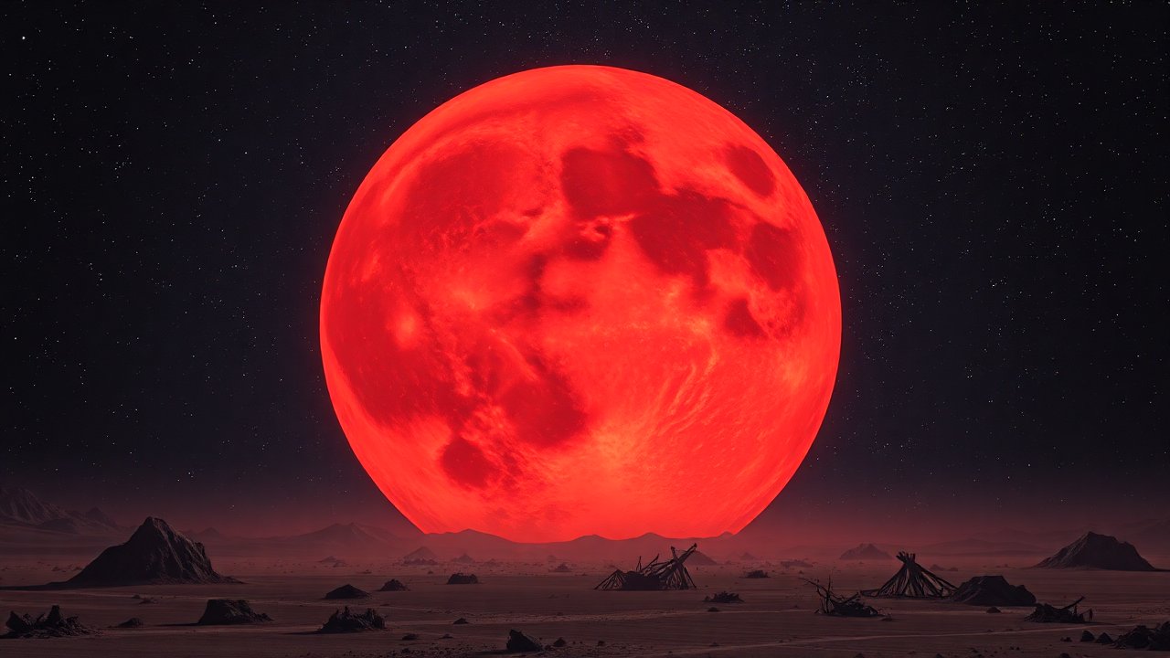 Giant Red Moon Over a Desolate Landscape