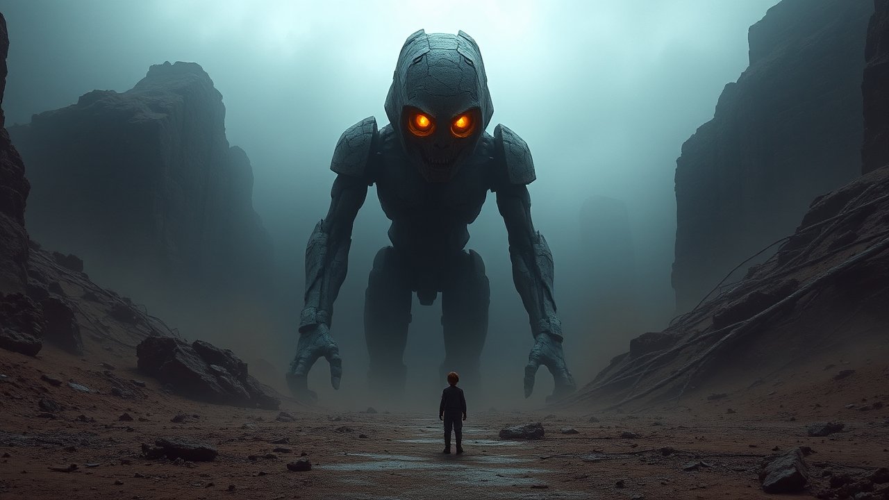 Giant Robotic Figure with Glowing Eyes Facing a Child in a Misty Canyon