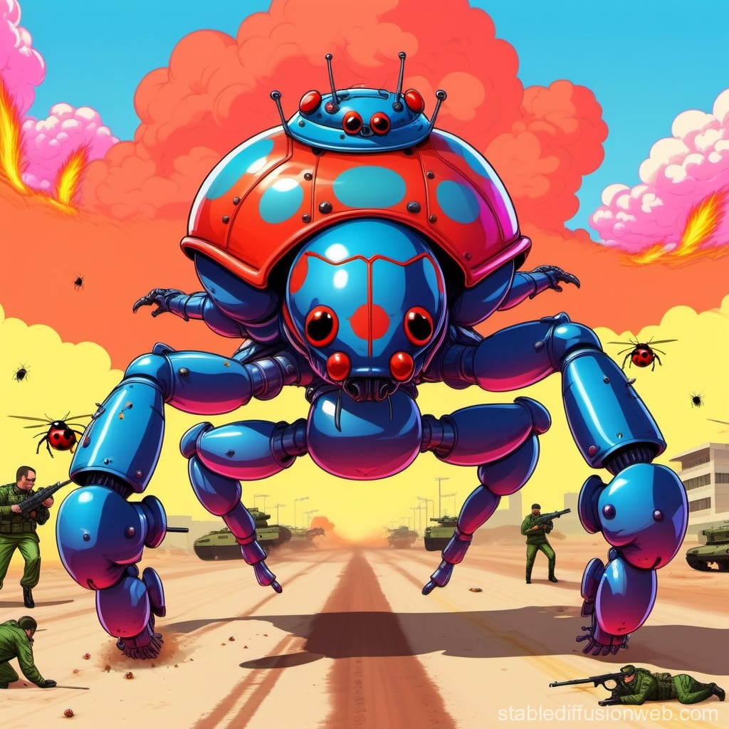 Giant Robotic Ladybug in a Military Battlefield