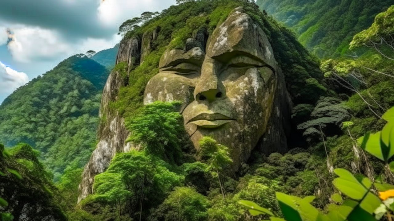 Giant Rock Face Sculpted in Lush Mountain Landscape