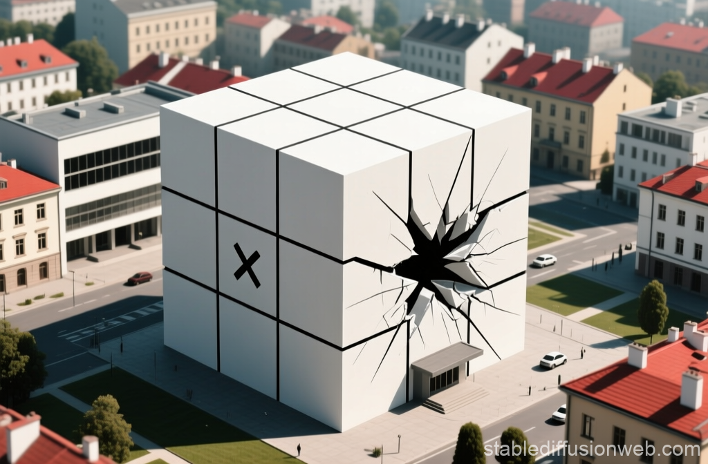 Giant Rubik's Cube Building with Cracked Wall in Urban Setting