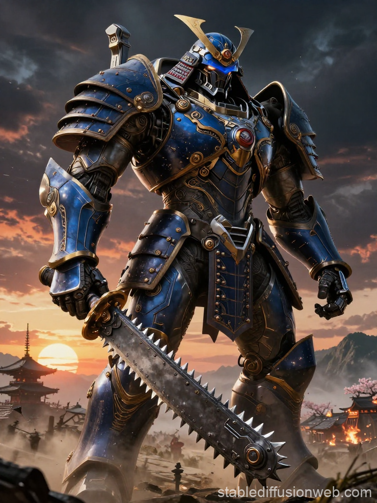 Giant Samurai Warrior in Futuristic Armor at Sunset