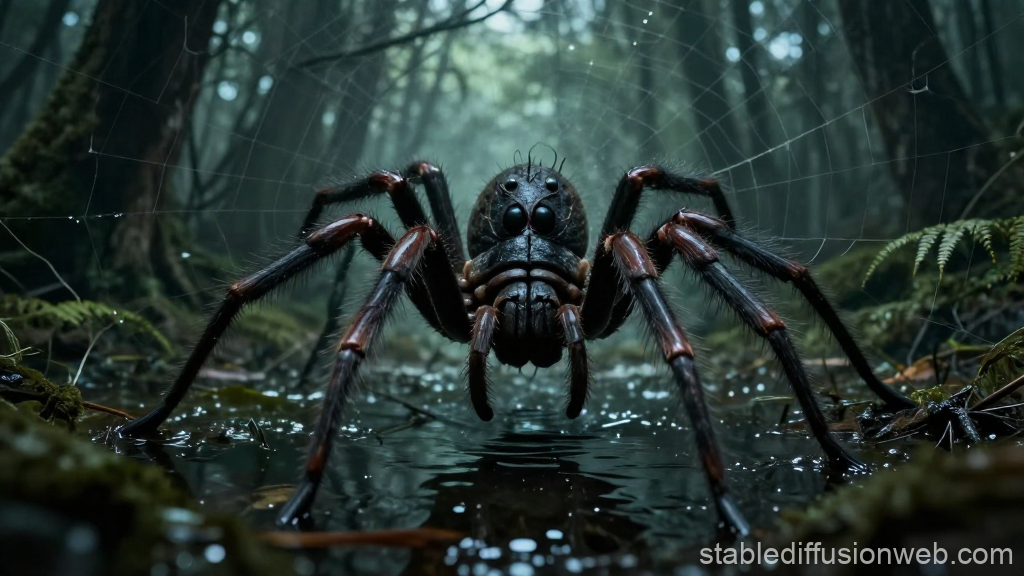 Giant Scary Spider in Dark Swamp Forest