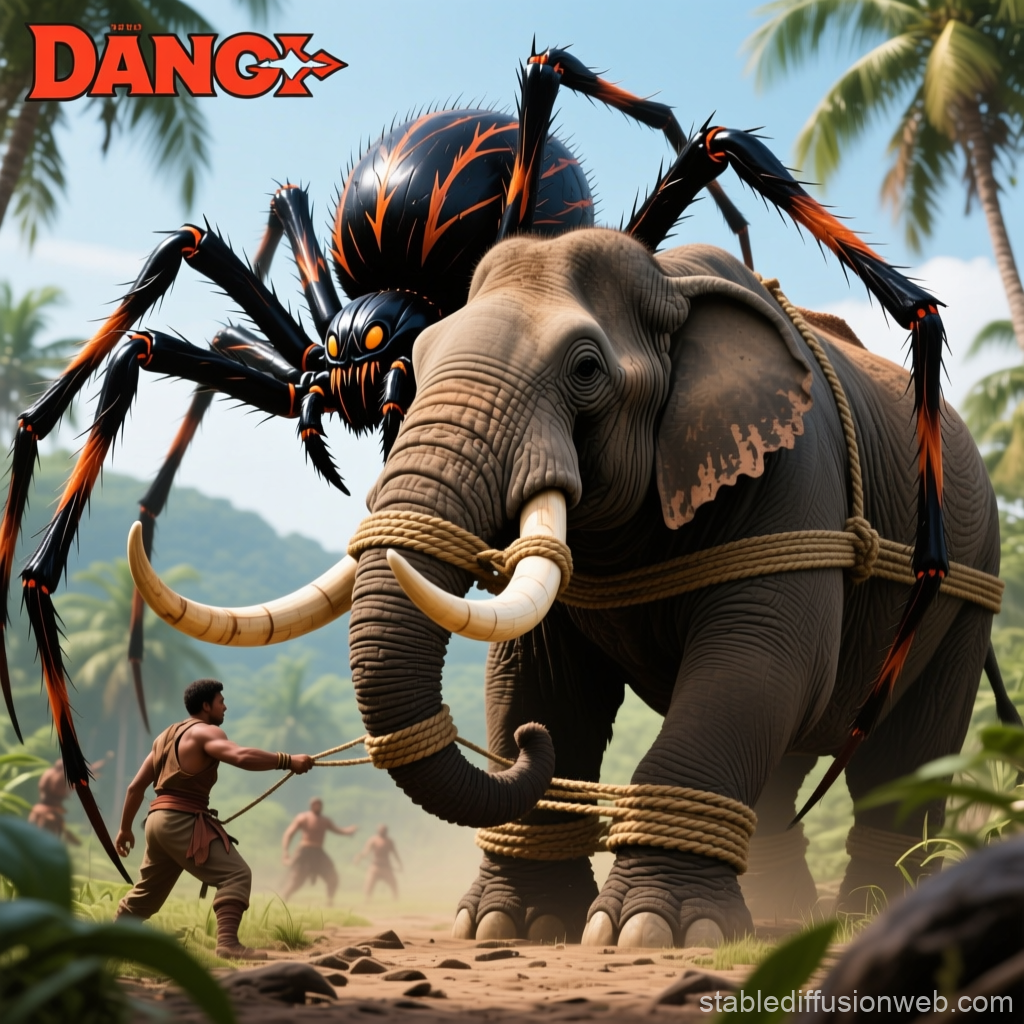 Giant Spider Perched on Bound Elephant in Jungle