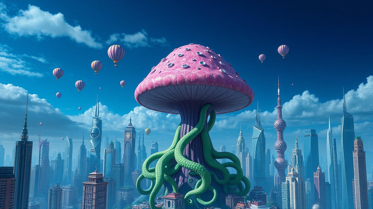 Giant Tentacled Mushroom Tower in Futuristic Cityscape