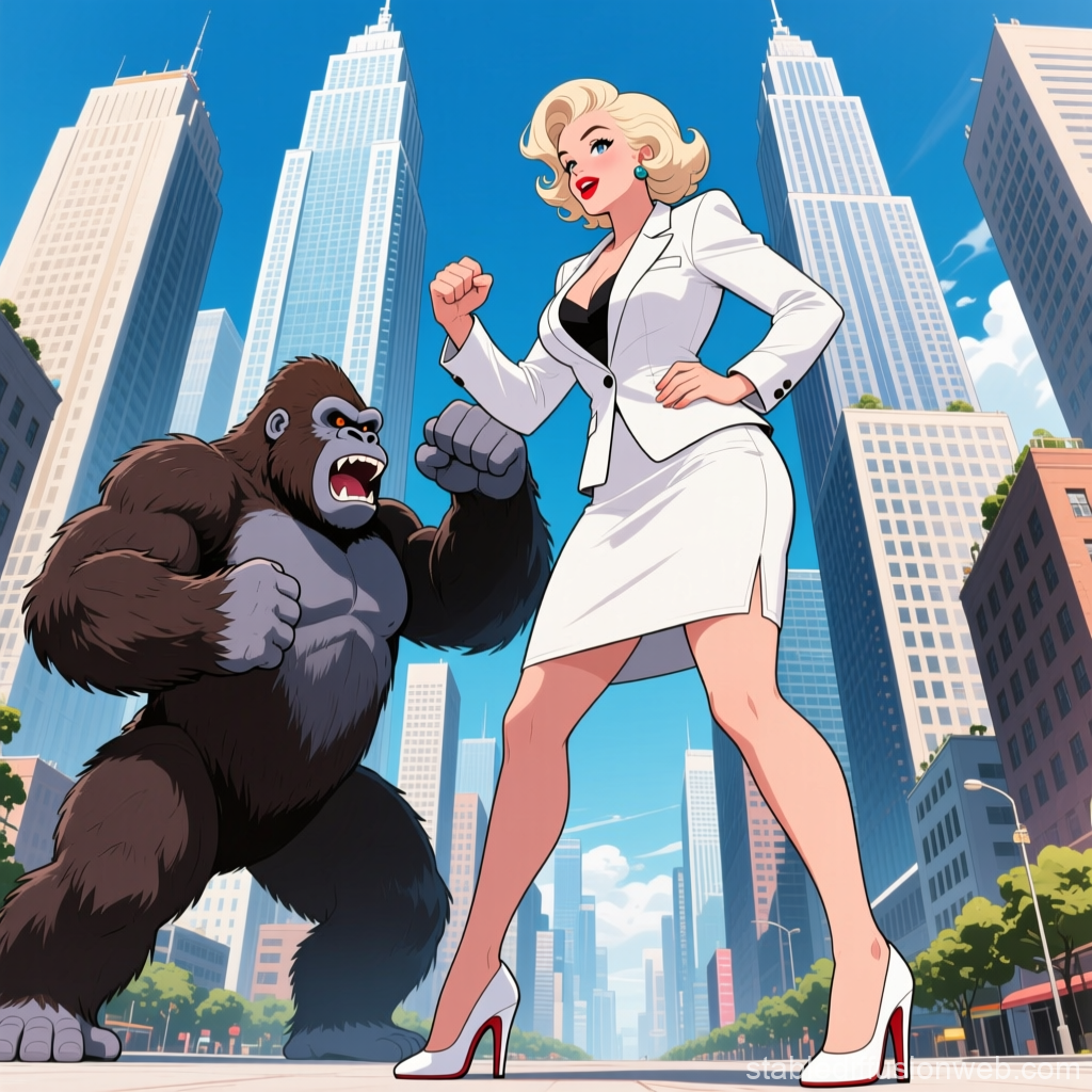 Giant Woman and Gorilla Facing Off in Cityscape