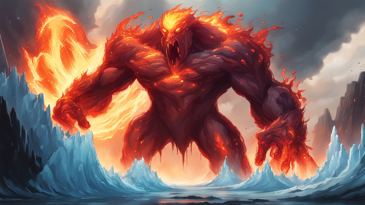 Gigantic Fiery Magma Titan in Volcanic Landscape