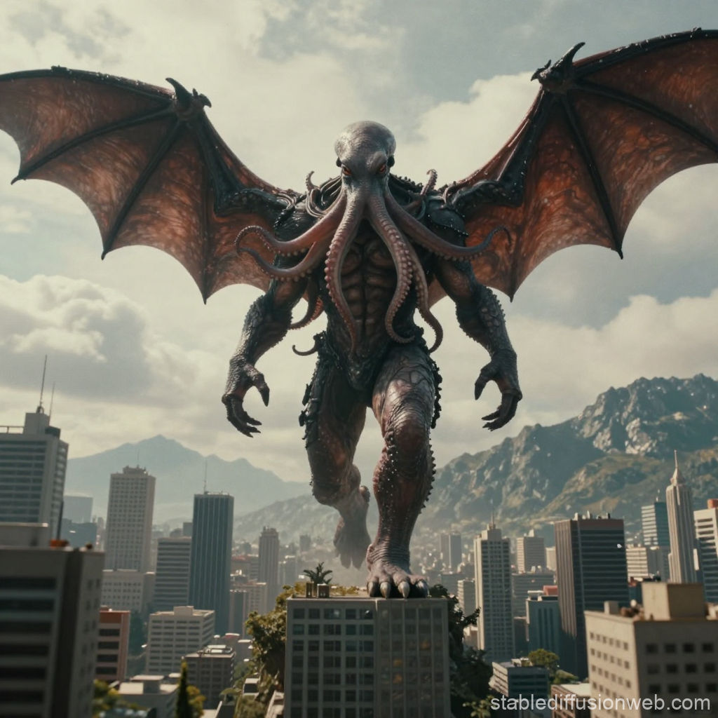 Gigantic Octopus-Headed Winged Creature Over City